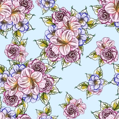 Sorunsuz vintage tarzı çiçek deseni. Renkli çiçek öğeleri