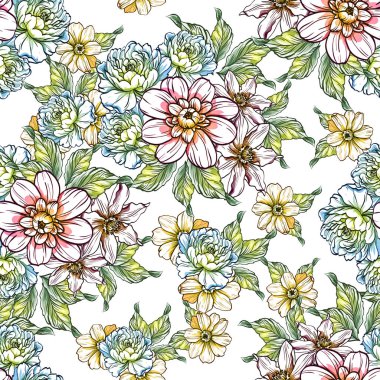 Sorunsuz vintage tarzı çiçek deseni. Renkli çiçek öğeleri
