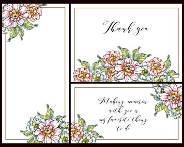 Vintage tarzı çiçek sevgi kartları renkli olarak ayarlayın. Çiçek öğeleri ve çerçeveler.