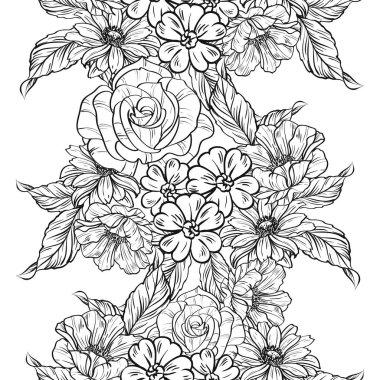 Sorunsuz vintage tarzı çiçek deseni. Siyah ve beyaz çiçek öğeleri.