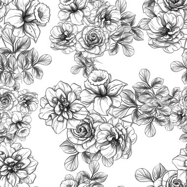 Sorunsuz vintage tarzı çiçek deseni. Siyah ve beyaz çiçek öğeleri.