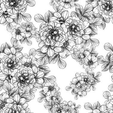 Sorunsuz vintage tarzı çiçek deseni. Siyah ve beyaz çiçek öğeleri.