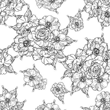 Sorunsuz vintage tarzı çiçek deseni. Siyah ve beyaz çiçek öğeleri.