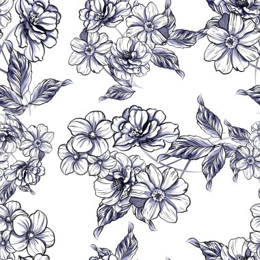Sorunsuz vintage tarzı tek renkli renkli çiçek deseni. Çiçek öğeleri.