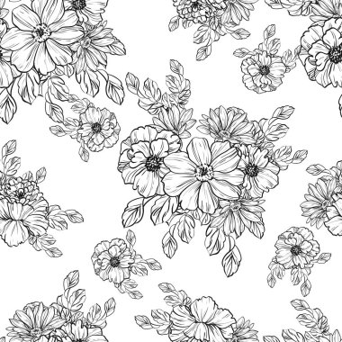 Sorunsuz vintage tarzı çiçek deseni. Siyah ve beyaz çiçek öğeleri.