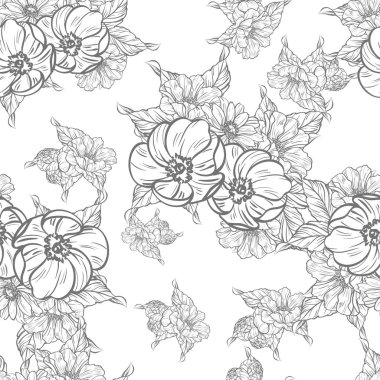 Sorunsuz vintage tarzı çiçek deseni. Siyah ve beyaz çiçek öğeleri.