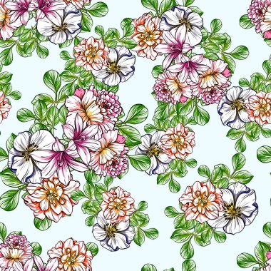 Sorunsuz vintage tarzı çiçek deseni. Renkli çiçek öğeleri