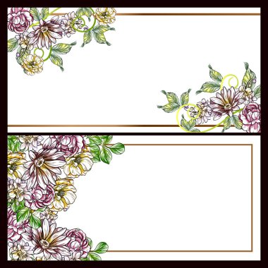 Vintage tarzı çiçek sevgi kartları renkli olarak ayarlayın. Çiçek öğeleri ve çerçeveler.