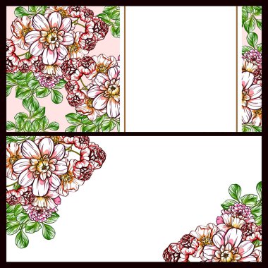 Klasik çiçek düğün kartları seti. Çiçek elementleri ve çerçeveleri.