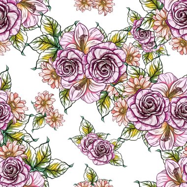 Sorunsuz vintage tarzı çiçek deseni. Renkli çiçek öğeleri