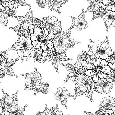 Sorunsuz vintage tarzı çiçek deseni. Siyah ve beyaz çiçek öğeleri.