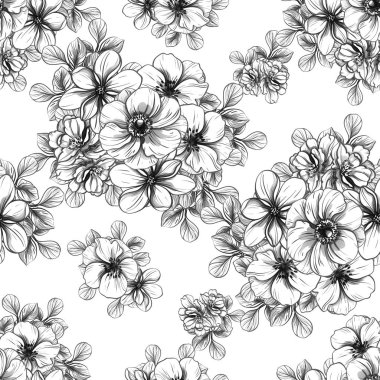 Sorunsuz vintage tarzı çiçek deseni. Siyah ve beyaz çiçek öğeleri.