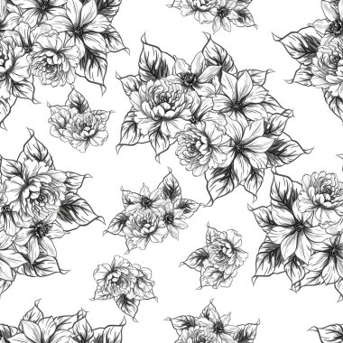 Sorunsuz vintage tarzı çiçek deseni. Siyah ve beyaz çiçek öğeleri.