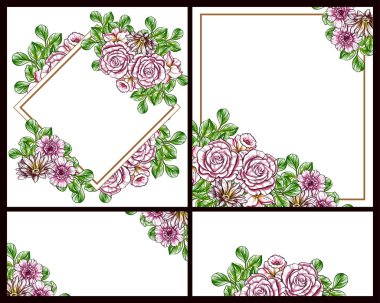 Vintage tarzı çiçek sevgi kartları renkli olarak ayarlayın. Çiçek öğeleri ve çerçeveler.