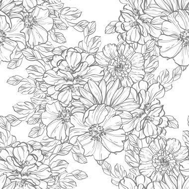 Sorunsuz vintage tarzı çiçek deseni. Siyah ve beyaz çiçek öğeleri.