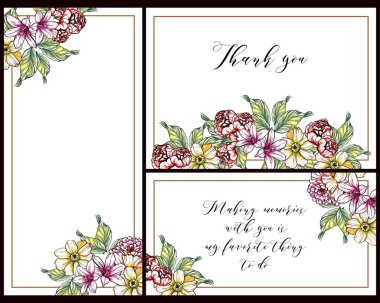 Klasik çiçek düğün kartları seti. Çiçek elementleri ve çerçeveleri.