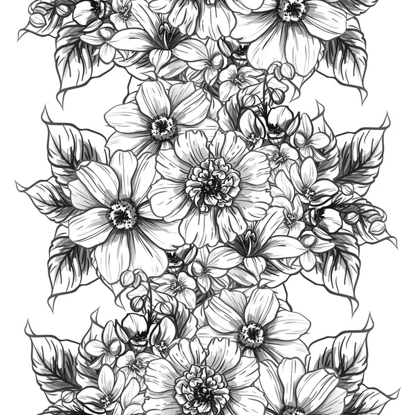 Patrón Flores Estilo Vintage Sin Costuras Elementos Florales Blanco Negro — Vector de stock