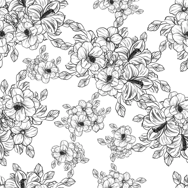 Seamless Vintage Style Flower Pattern Floral Elements Black White — Stock Vector