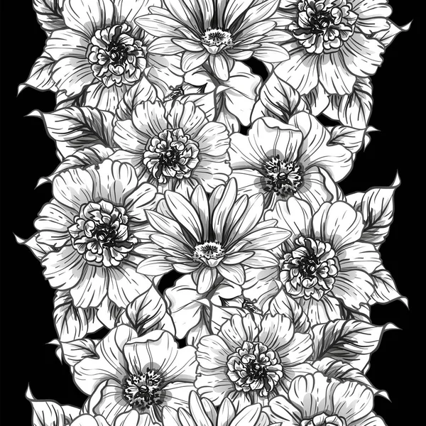 Seamless Vintage Style Flower Pattern Floral Elements Black White — Stock Vector