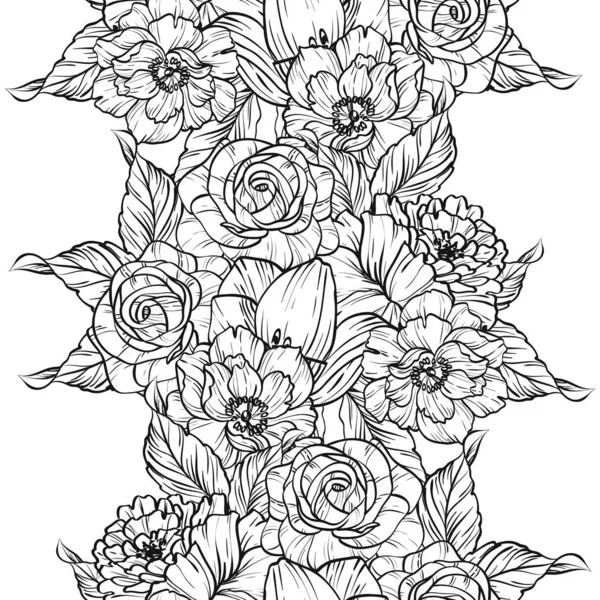 Patrón Flores Estilo Vintage Sin Costuras Elementos Florales Blanco Negro — Vector de stock