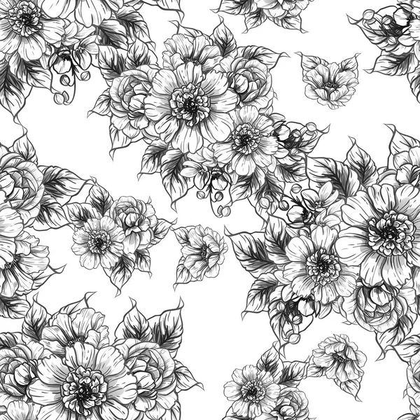 Sorunsuz vintage tarzı çiçek deseni. Siyah ve beyaz çiçek öğeleri.