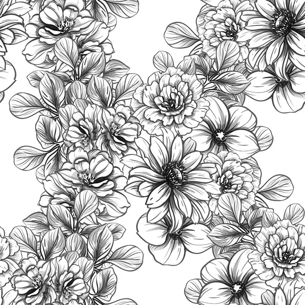 Naadloze Vintage Stijl Bloemenpatroon Floral Elementen Zwart Wit — Stockvector