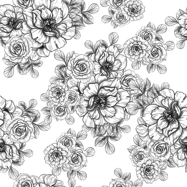 Sorunsuz vintage tarzı çiçek deseni. Siyah ve beyaz çiçek öğeleri.