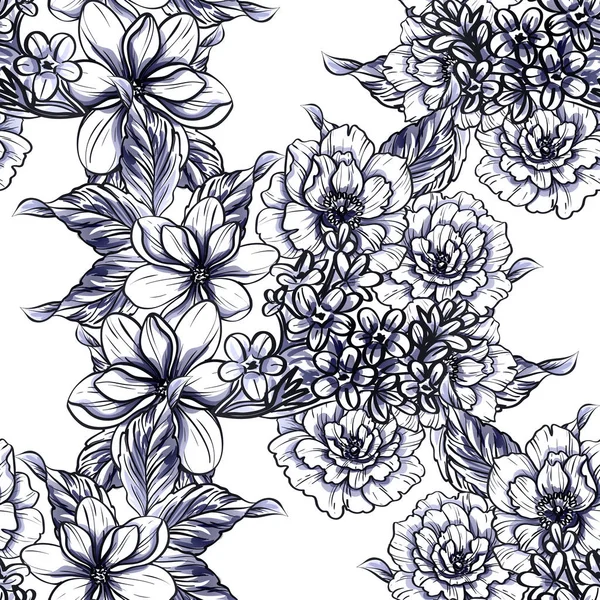 Modèle Fleur Monochrome Sans Couture Style Vintage Éléments Floraux — Image vectorielle