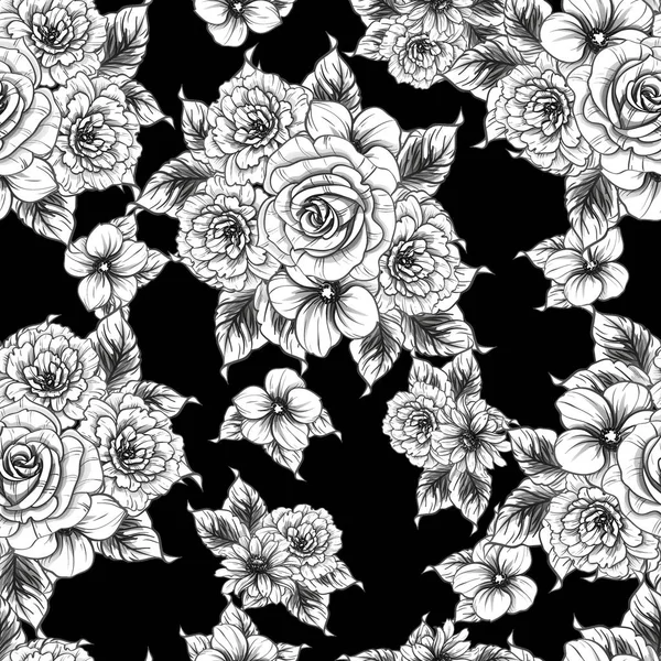 Padrão Flor Estilo Vintage Sem Costura Elementos Florais Preto Branco — Vetor de Stock