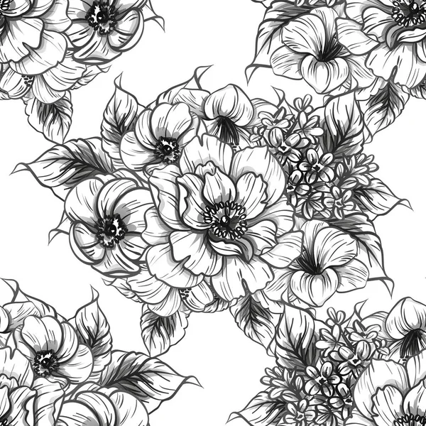 Patrón Flores Estilo Vintage Sin Costuras Elementos Florales Blanco Negro — Vector de stock