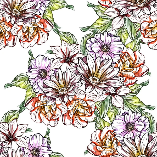 Sorunsuz vintage tarzı çiçek deseni. Renkli çiçek öğeleri