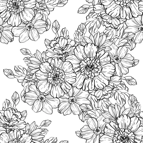 Sorunsuz vintage tarzı çiçek deseni. Siyah ve beyaz çiçek öğeleri.