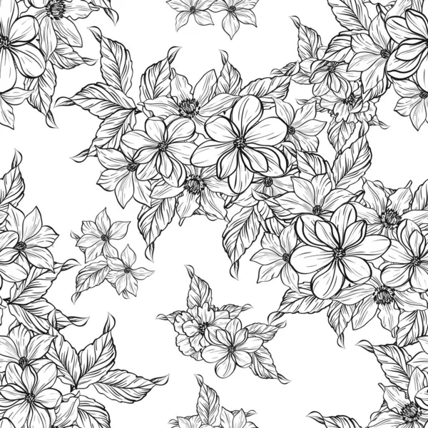 Sorunsuz vintage tarzı çiçek deseni. Siyah ve beyaz çiçek öğeleri.
