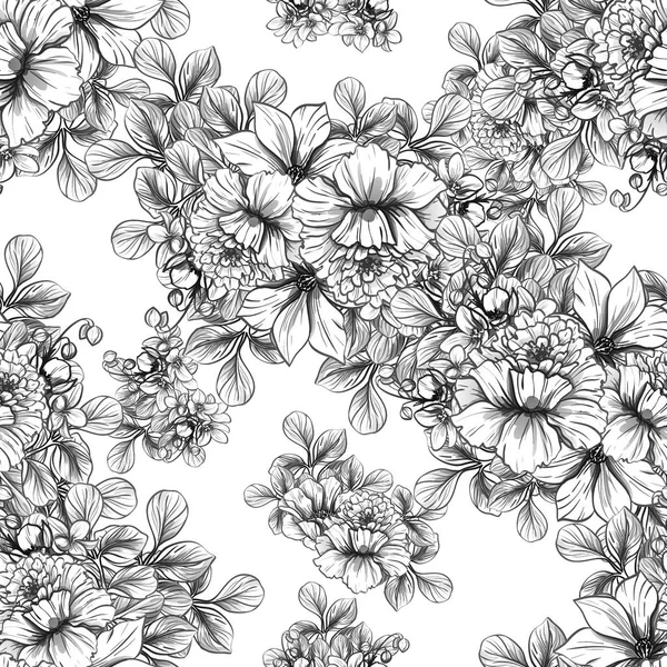 Sorunsuz vintage tarzı çiçek deseni. Siyah ve beyaz çiçek öğeleri.