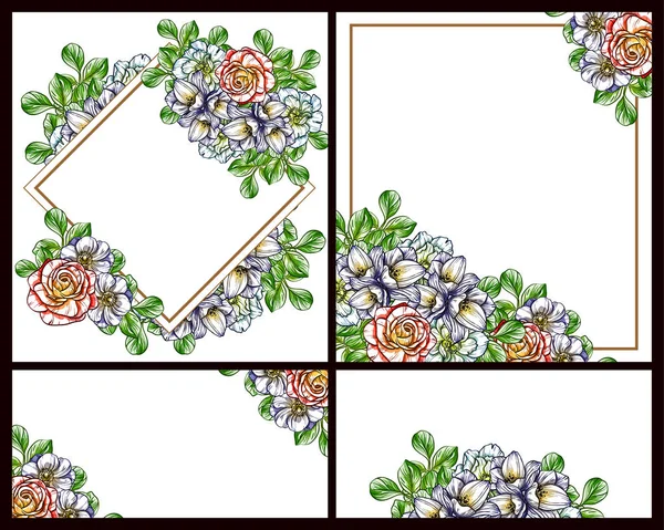Vintage Style Flower Love Cards Set Color Floral Elements Frames — Stock Vector