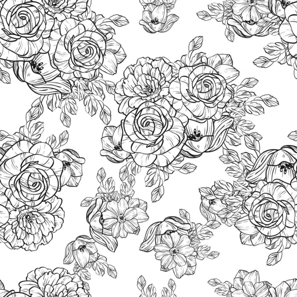 Patrón Flores Estilo Vintage Sin Costuras Elementos Florales Blanco Negro — Vector de stock