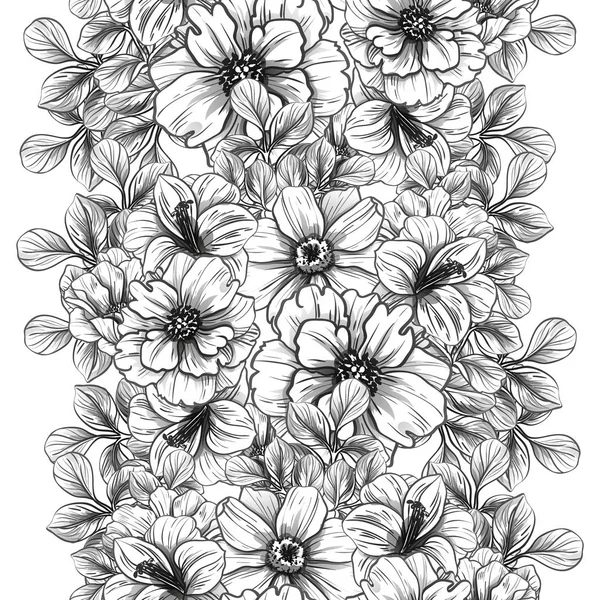 Patrón Flores Estilo Vintage Sin Costuras Elementos Florales Blanco Negro — Vector de stock