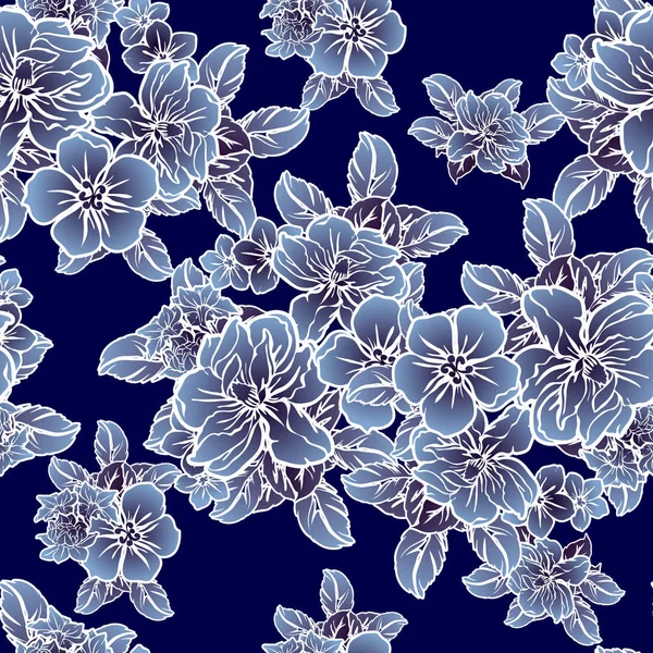 Sorunsuz Vintage Tarzı Tek Renkli Koyu Mavi Renkli Çiçek Deseni — Stok Vektör