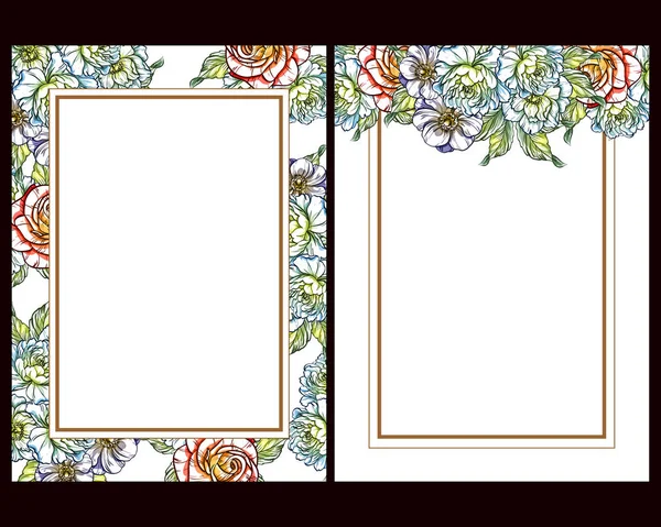 复古风格的花爱情卡设置在颜色 花卉元素和框架 — 图库矢量图片