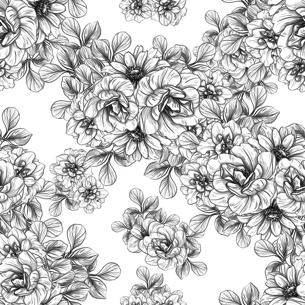 Naadloze Vintage Stijl Bloemenpatroon Floral Elementen Zwart Wit — Stockvector