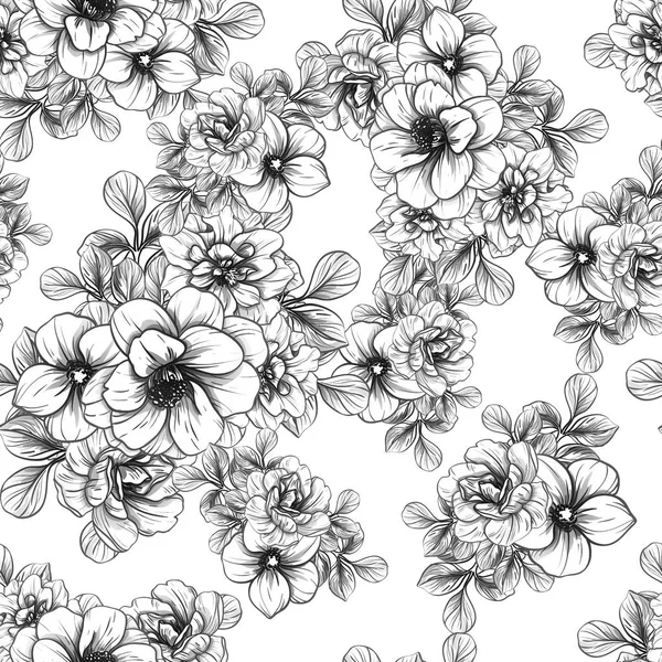 Sorunsuz vintage tarzı çiçek deseni. Siyah ve beyaz çiçek öğeleri.
