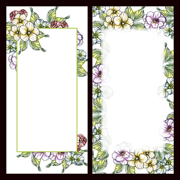 复古风格的花爱情卡设置在颜色 花卉元素和框架 — 图库矢量图片