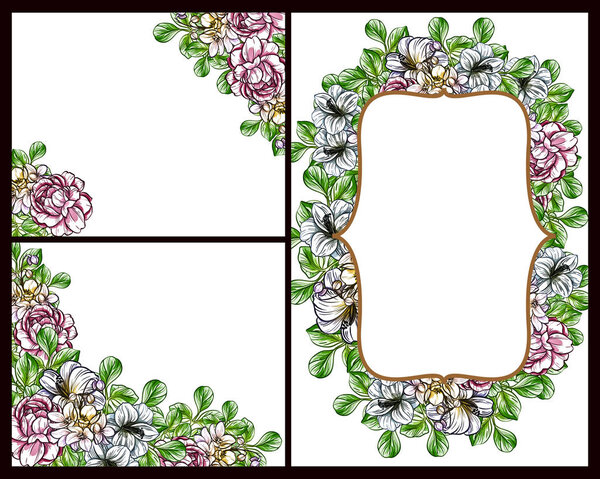 Vintage style flower love cards set in color. Floral elements and frames.