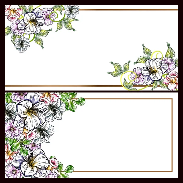 Vintage Style Flower Love Cards Set Color Floral Elements Frames — Stock Vector