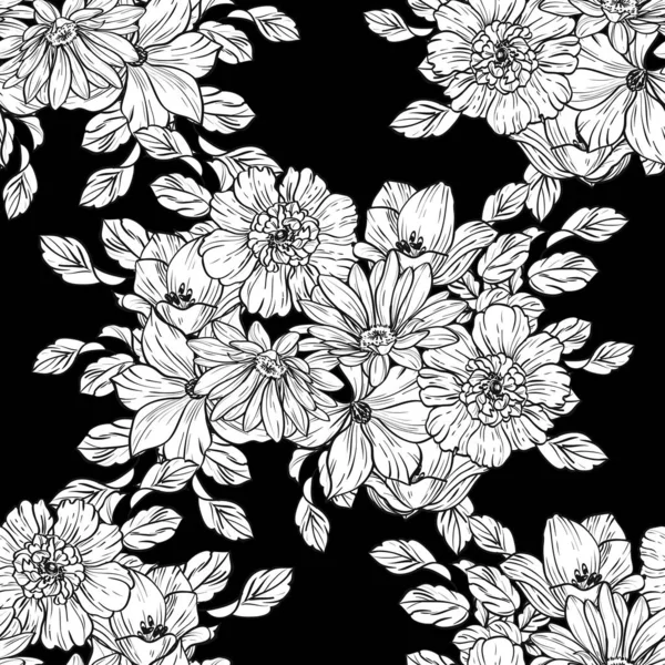 Padrão Flor Estilo Vintage Sem Costura Elementos Florais Preto Branco — Vetor de Stock