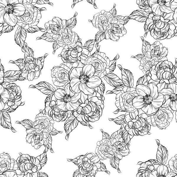 Sorunsuz vintage tarzı çiçek deseni. Siyah ve beyaz çiçek öğeleri.