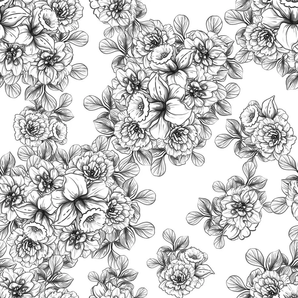 Modèle Fleur Style Vintage Sans Couture Eléments Floraux Noir Blanc — Image vectorielle