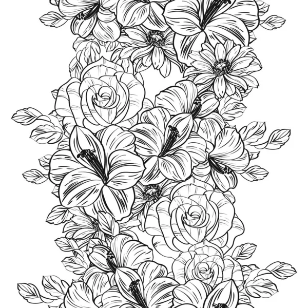 Patrón Flores Estilo Vintage Sin Costuras Elementos Florales Blanco Negro — Vector de stock