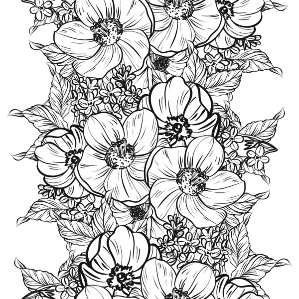 Patrón Flores Estilo Vintage Sin Costuras Elementos Florales Blanco Negro — Vector de stock