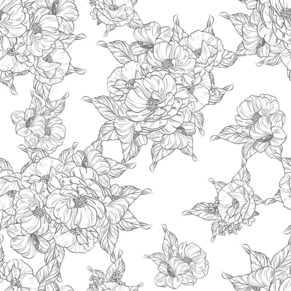 Sorunsuz vintage tarzı çiçek deseni. Siyah ve beyaz çiçek öğeleri.